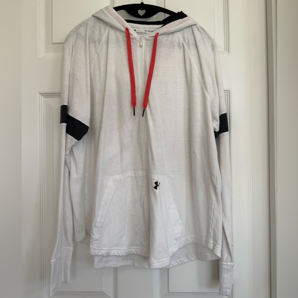 Under Armour White Hoodie with Black Trim and Red Drawcords